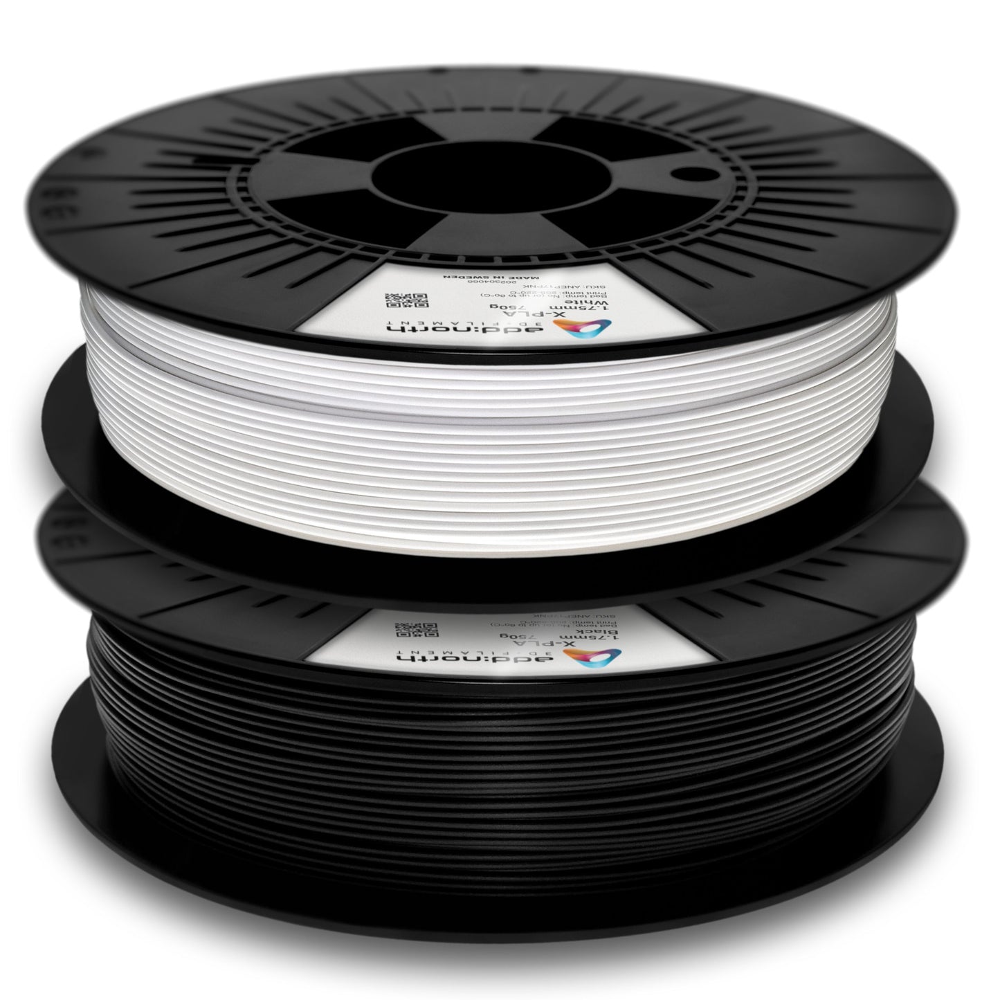 Addnorth X-PLA-filament 1,75 mm Hvid, to stablede spoler med sorte, mærkede ruller.