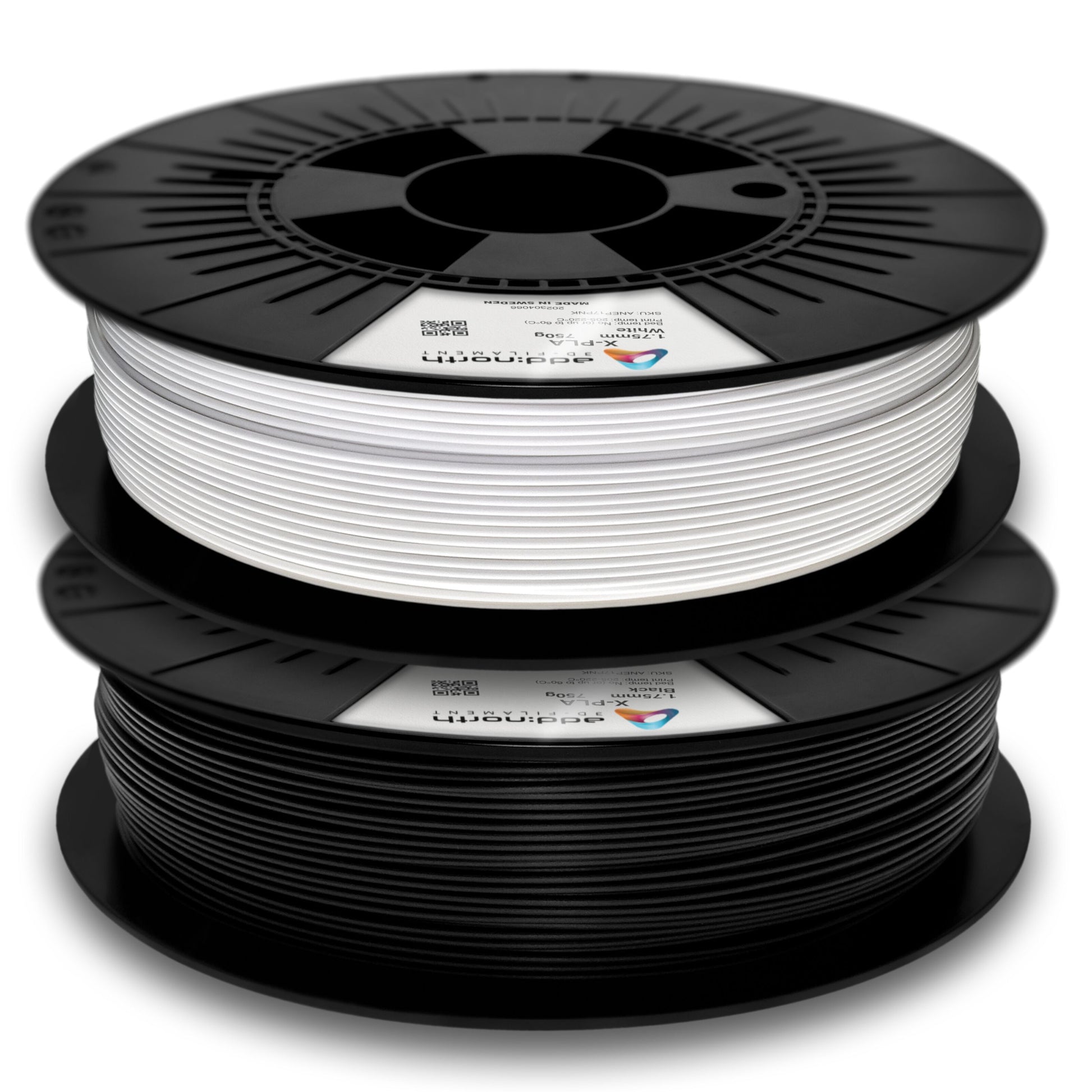Addnorth X-PLA-filament 1,75 mm Hvid, to stablede spoler med sorte, mærkede ruller.