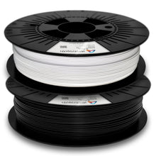 Addnorth X-PLA-filament 1,75 mm Hvid, to stablede spoler med sorte, mærkede ruller.