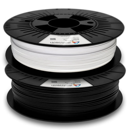 Addnorth X-PLA-filament 1,75 mm Hvid, to stablede spoler med sorte, mærkede ruller.