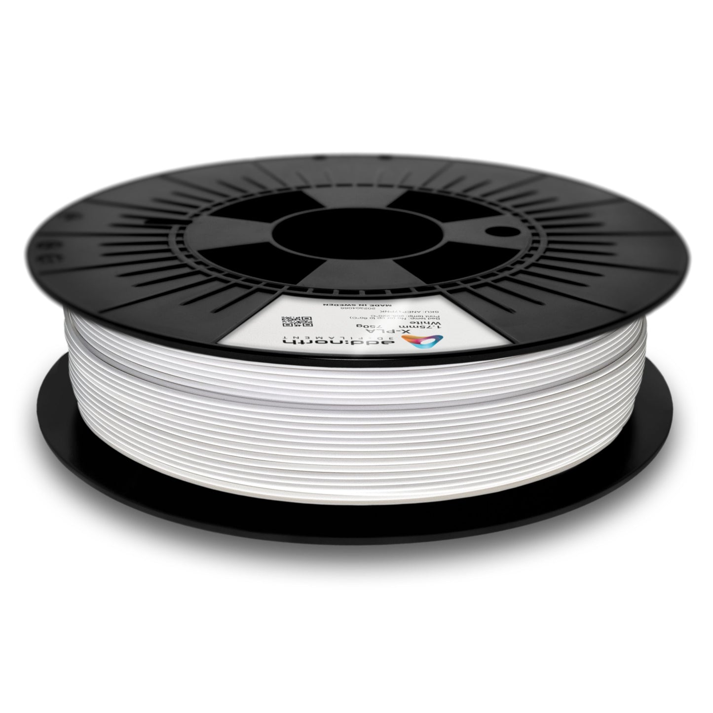 X-PLA-filament til 3D-printer, 1,75 mm hvid, på sort spole med label ovenpå, fremstillet af bæredygtigt materiale.