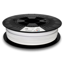 X-PLA-filament til 3D-printer, 1,75 mm hvid, på sort spole med label ovenpå, fremstillet af bæredygtigt materiale.