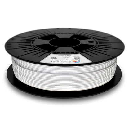 X-PLA-filament til 3D-printer, 1,75 mm hvid, på sort spole med label ovenpå, fremstillet af bæredygtigt materiale.