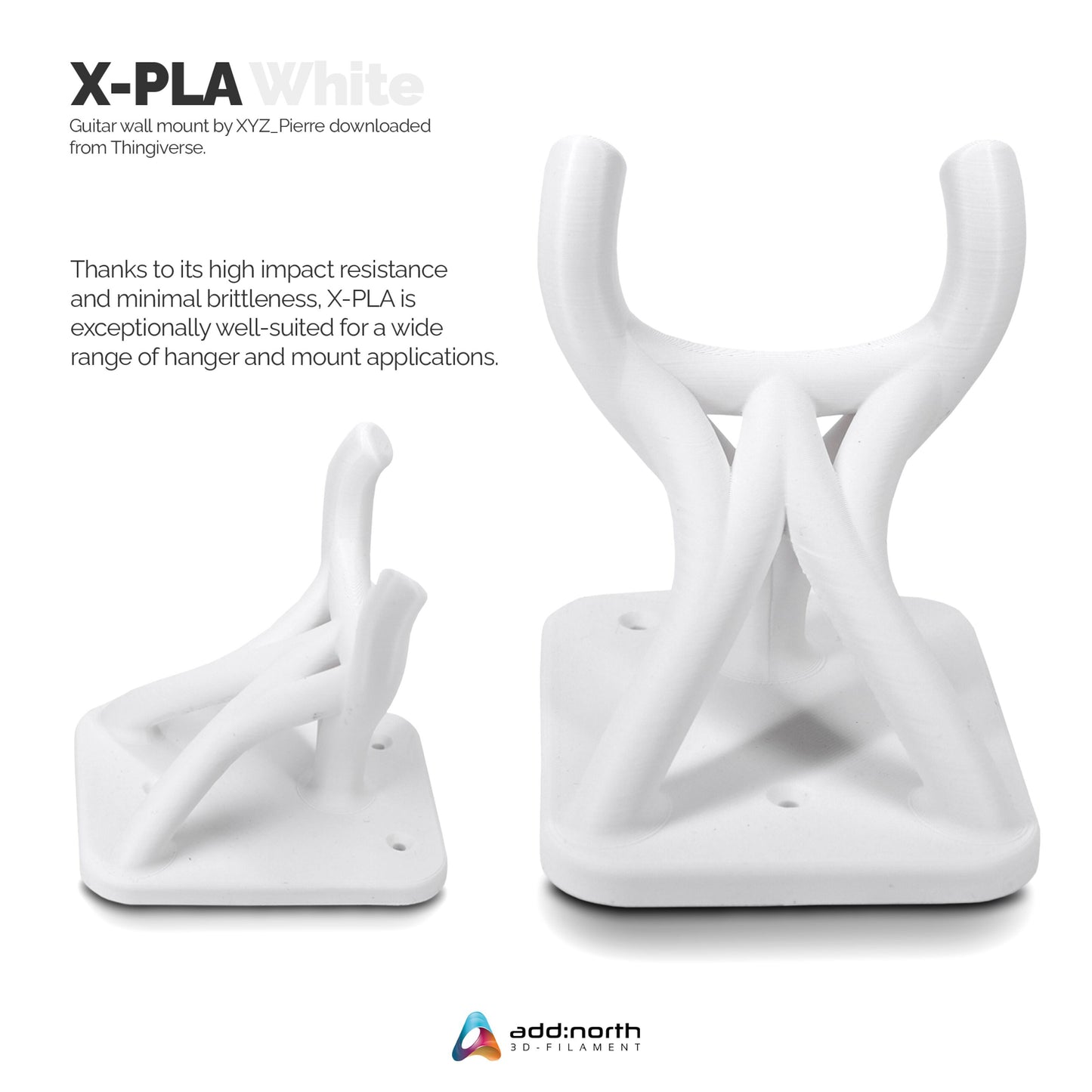 At hvide 3D-printede guitar vægbeslag i små og store størrelser, lavet i X-PLA, Addnorth-logo synligt nederst.