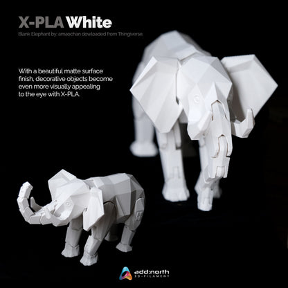To geometriske elefantfigurer i forskellig størrelse 3D-printet med X-PLA filament 1,75 mm hvid, mat overflade.