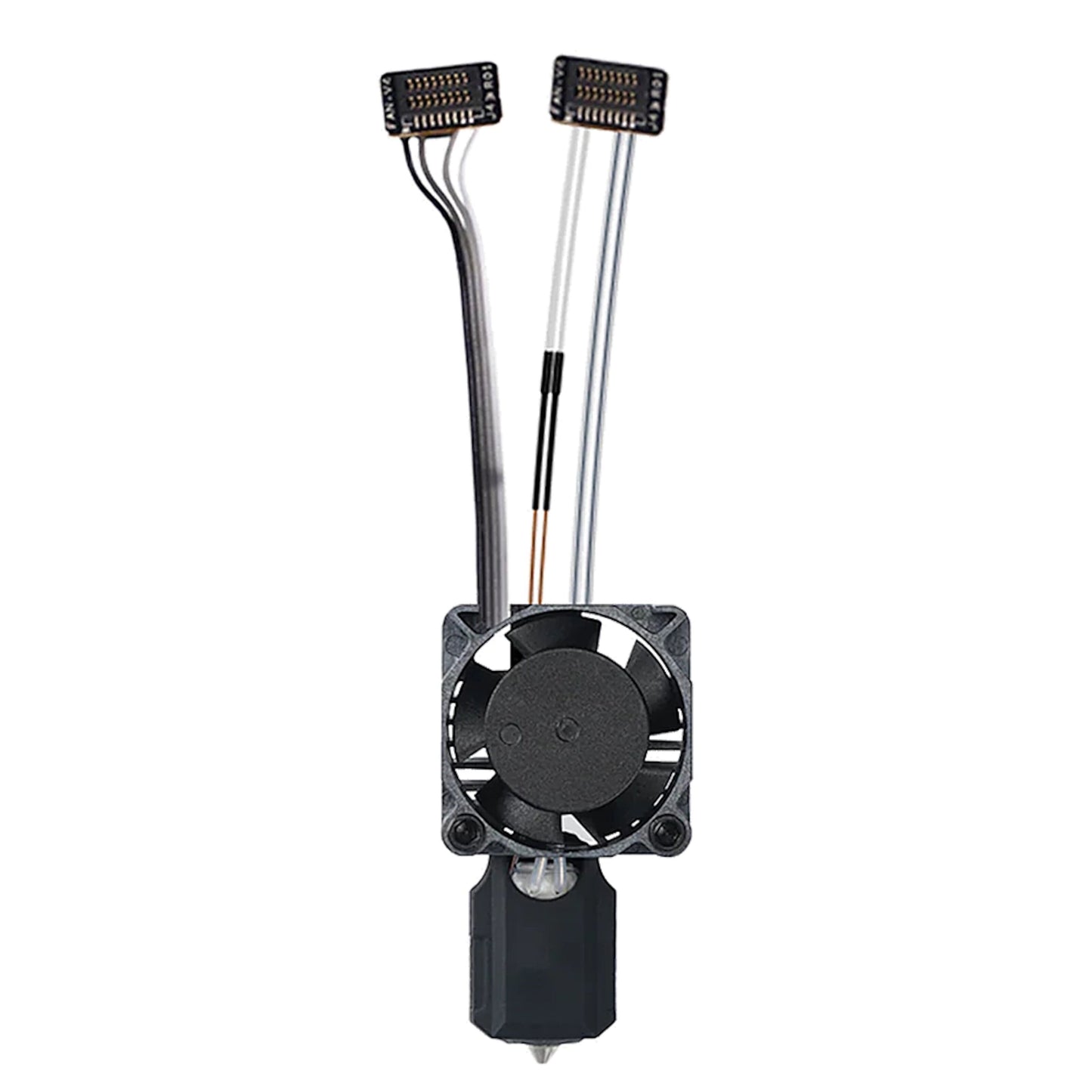 Bambu Lab hærdet stål komplet hotend til P1-serien med 0,4 mm dyse og sort køleblæser med ledninger og stik.