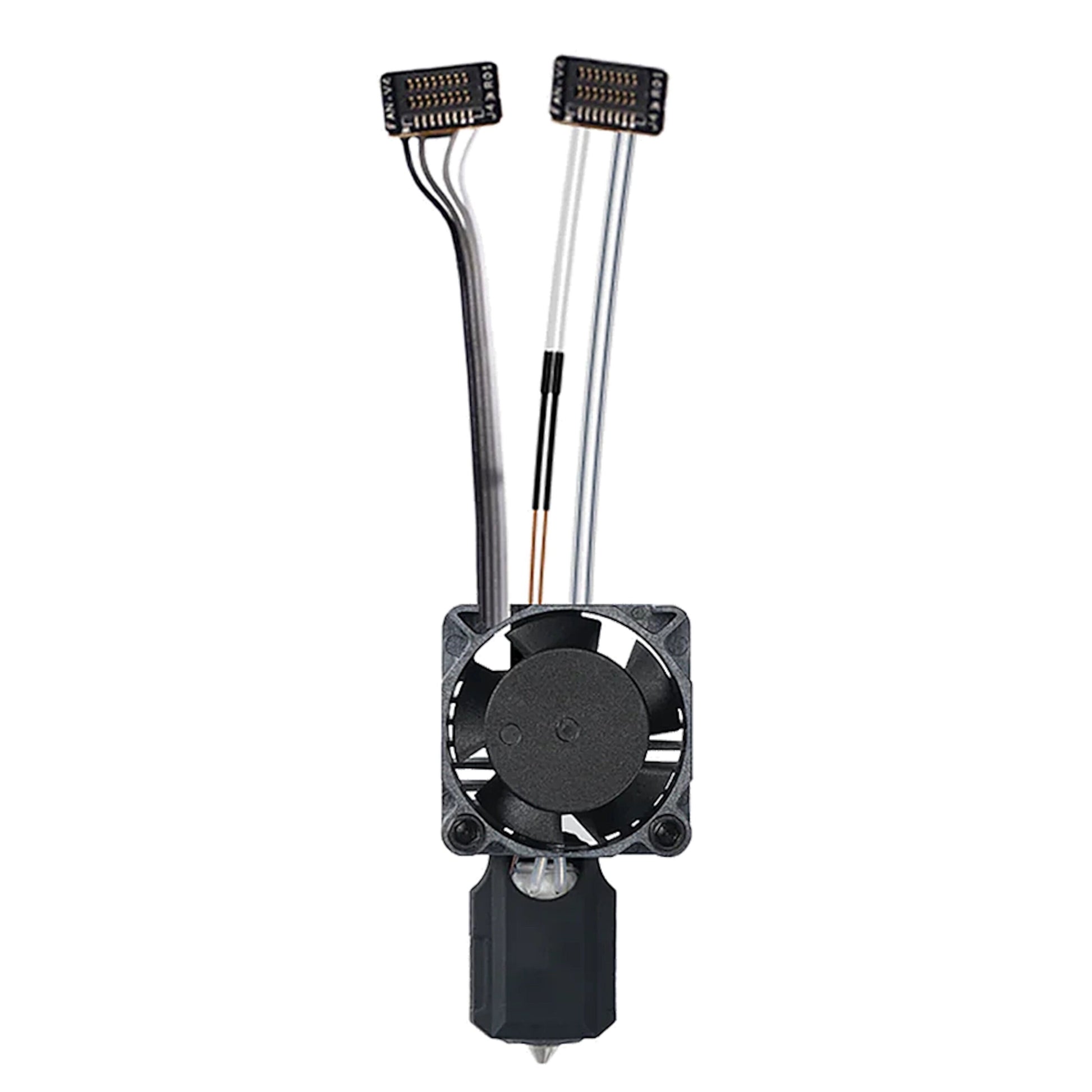 Bambu Lab hærdet stål komplet hotend til P1-serien med 0,4 mm dyse og sort køleblæser med ledninger og stik.