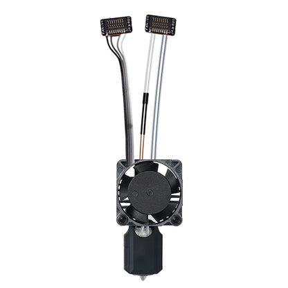 Bambu Lab hærdet stål komplet hotend til P1-serien med 0,4 mm dyse og sort køleblæser med ledninger og stik.