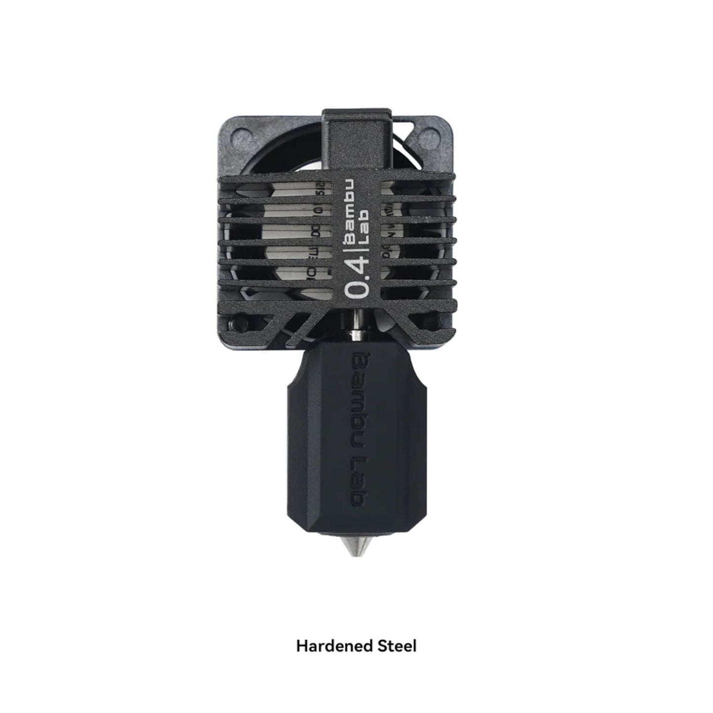 Bambu Lab hærdet stål hotend til P1-serien 0,4 mm, sort kantet køleprofil, "Bambu Lab" og "Hardened Steel" tekst.