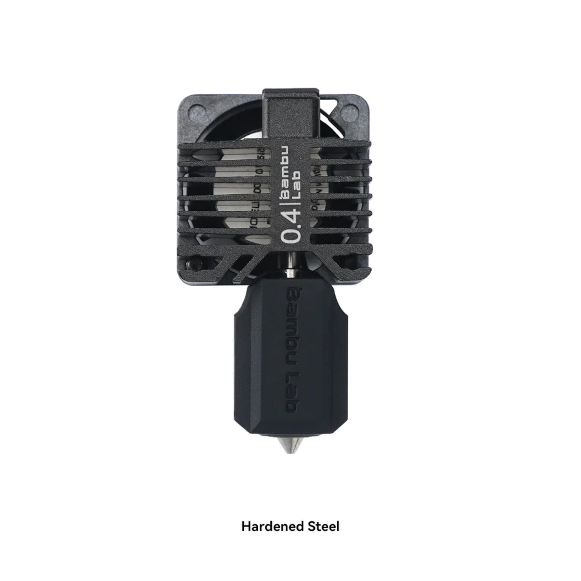 Bambu Lab hærdet stål hotend til P1-serien 0,4 mm, sort kantet køleprofil, "Bambu Lab" og "Hardened Steel" tekst.