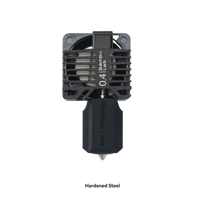 Bambu Lab hærdet stål hotend til P1-serien 0,4 mm, sort kantet køleprofil, "Bambu Lab" og "Hardened Steel" tekst.