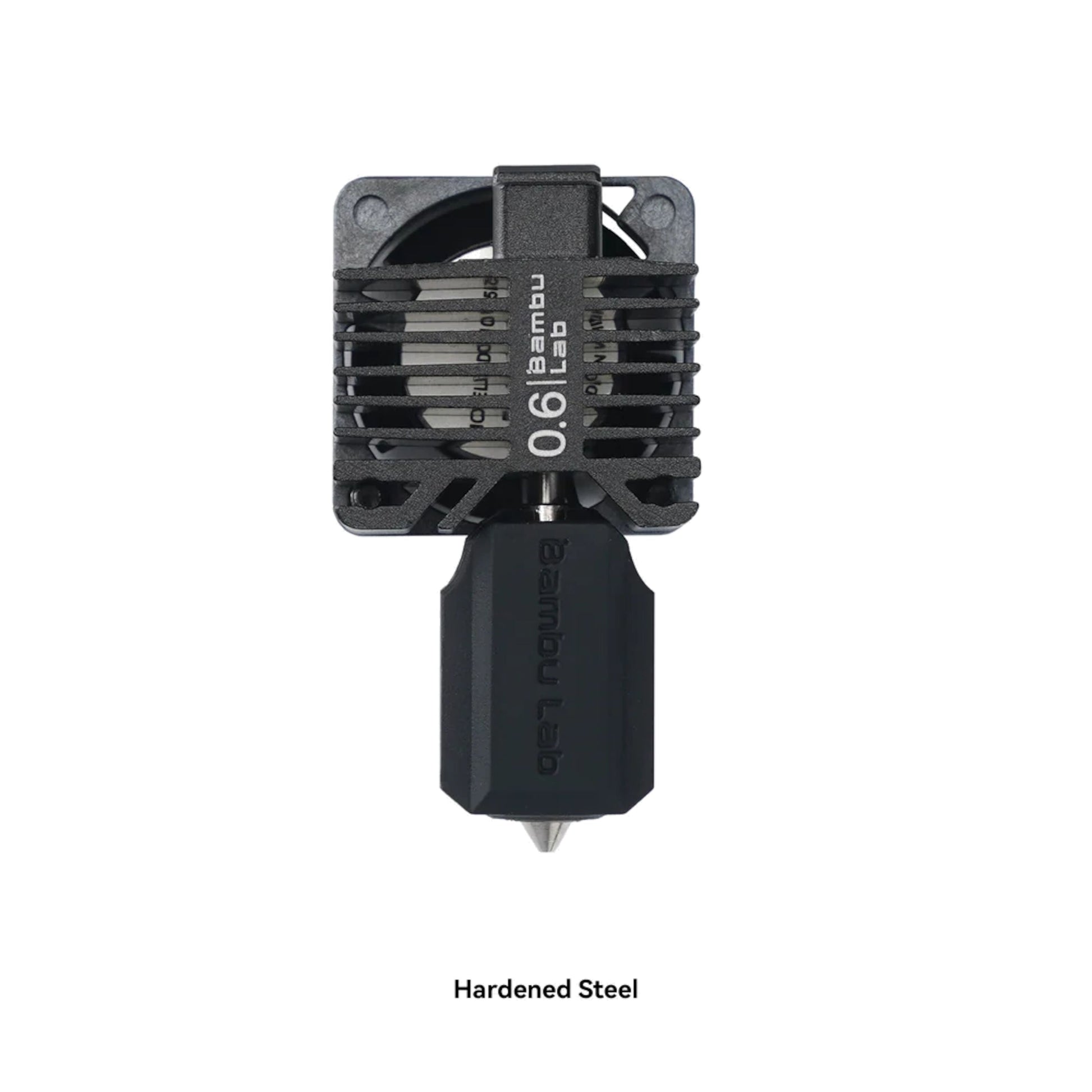 Bambu Lab hærdet stål komplet hotend til P1-serien 0,6 mm, sort med nedadvendt dyse og tekst "hærdet stål hotend.