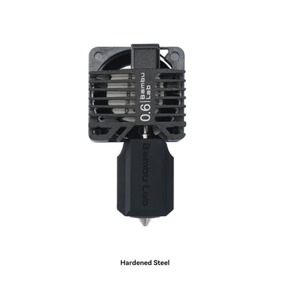 Bambu Lab hærdet stål komplet hotend til P1-serien 0,6 mm, sort med nedadvendt dyse og tekst "hærdet stål hotend.