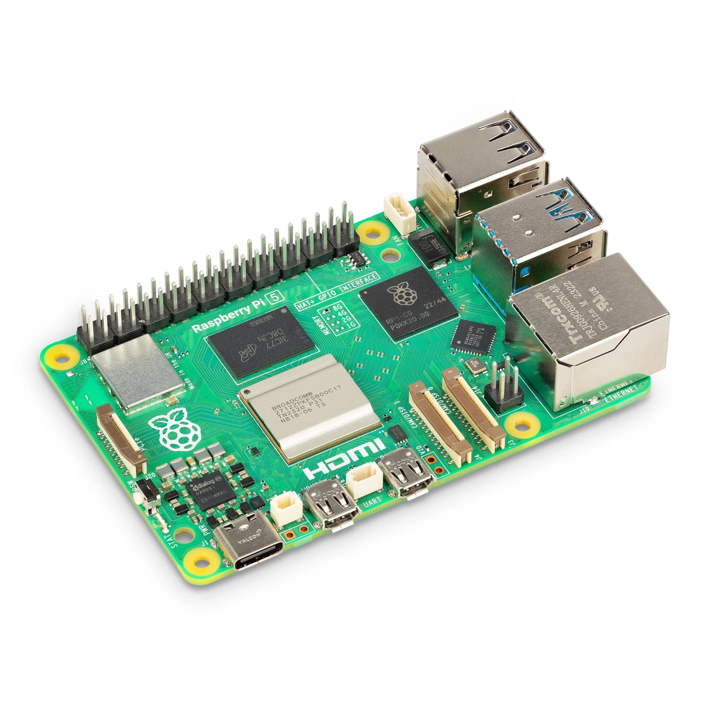 Raspberry Pi 5 Model B 8GB enkortsdator i grøn med USB, Ethernet, HDMI port, GPIO pins og synlige chips.