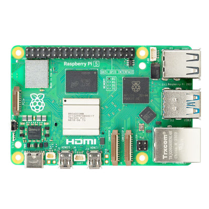 Raspberry Pi 5 Enkortsdator Model B 8 GB grøn printplade med porte, chips, GPIO pins, HDMI, USB og microSD slot set fra oven.