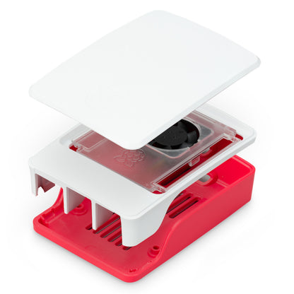 Raspberry Pi SC1159 kabinet med blæser til Raspberry Pi 5 Model B, rød/hvid, base, lag med køleplader/ventilator, aftageligt låg med logo.