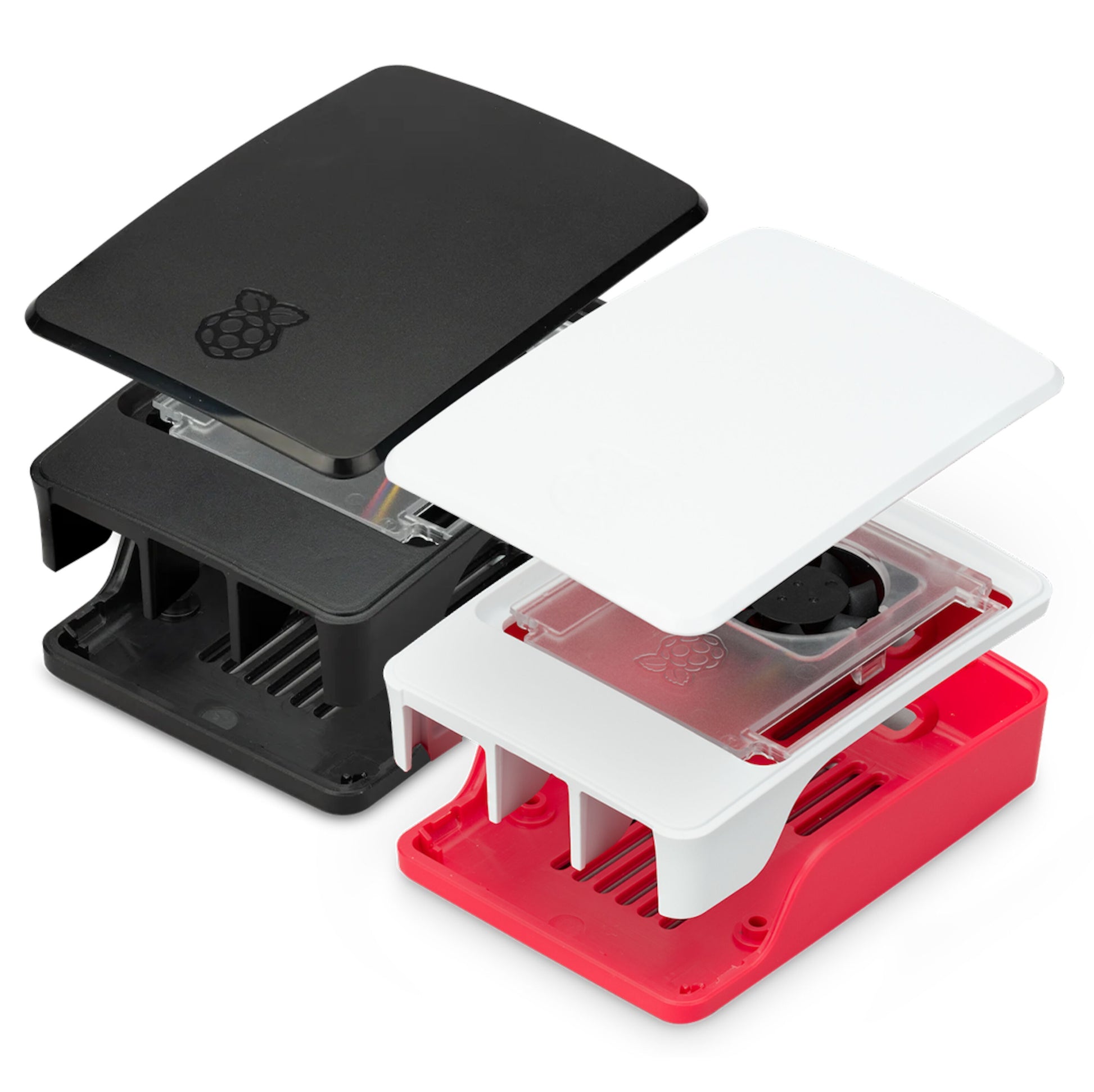 Raspberry Pi SC1159 kabinet til Raspberry Pi 5 Model B, sort/grå og rød/hvid, i tre dele med plads til køleplader og blæser.