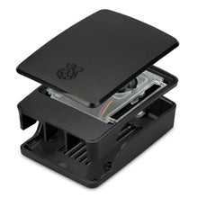 Raspberry Pi SC1159 kabinet med ventilator til Raspberry Pi 5 Model B i eksploderet visning med blæsere og farvede kabler.