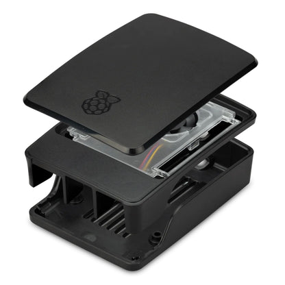 Raspberry Pi SC1159 kabinet med ventilator til Raspberry Pi 5 Model B i eksploderet visning med blæsere og farvede kabler.