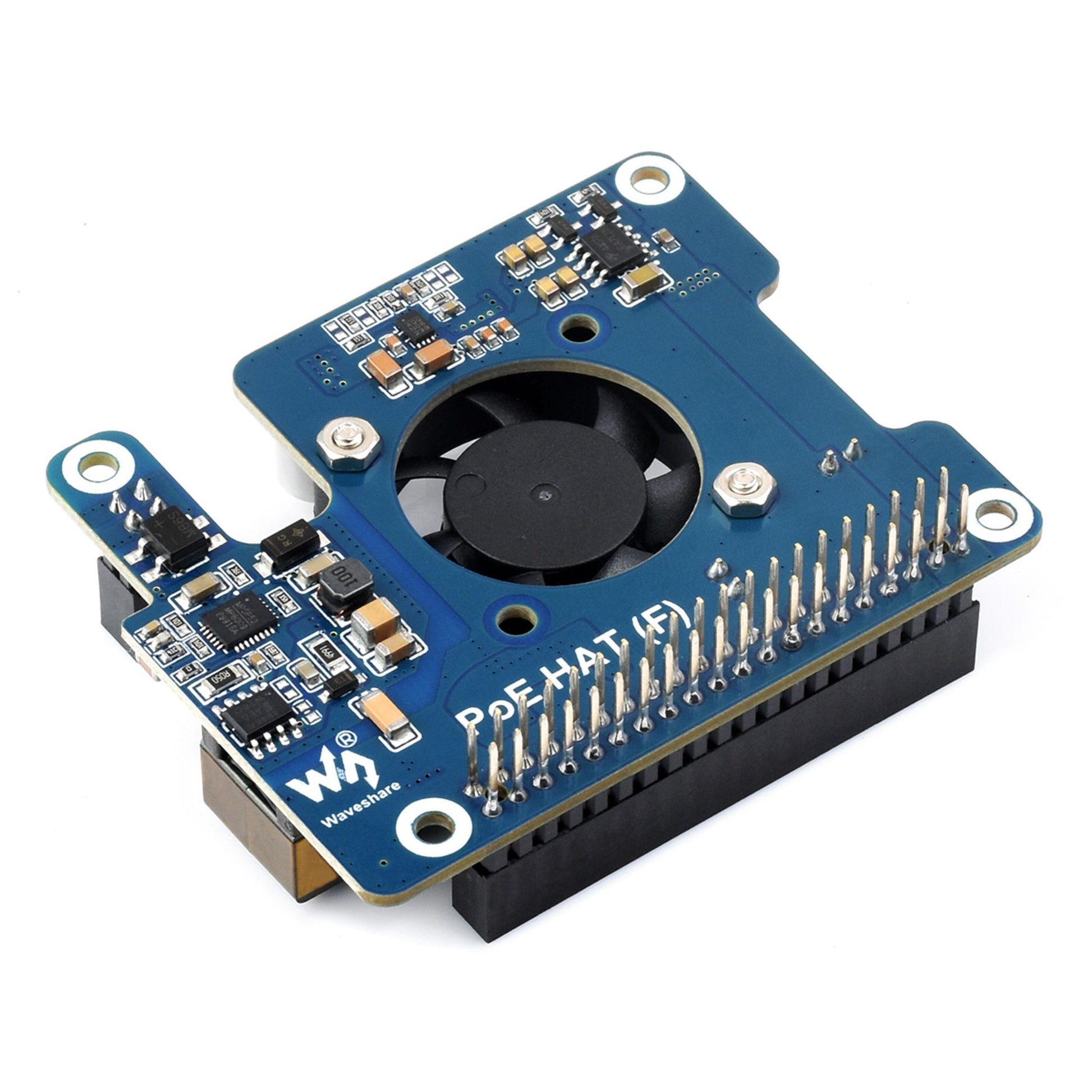 Waveshare PoE+ Hat til Raspberry Pi 5, blå PCB, køleblæser, GPIO pins, overflademonterede komponenter, PoE support.
