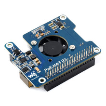 Waveshare PoE+ Hat til Raspberry Pi 5, blå PCB, køleblæser, GPIO pins, overflademonterede komponenter, PoE support.