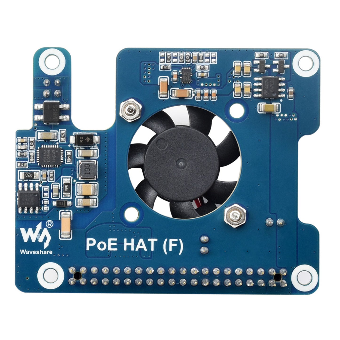 Waveshare PoE+ Hat til Raspberry Pi 5, blå printplade med PoE-understøttelse, køleblæser og pin-stik.