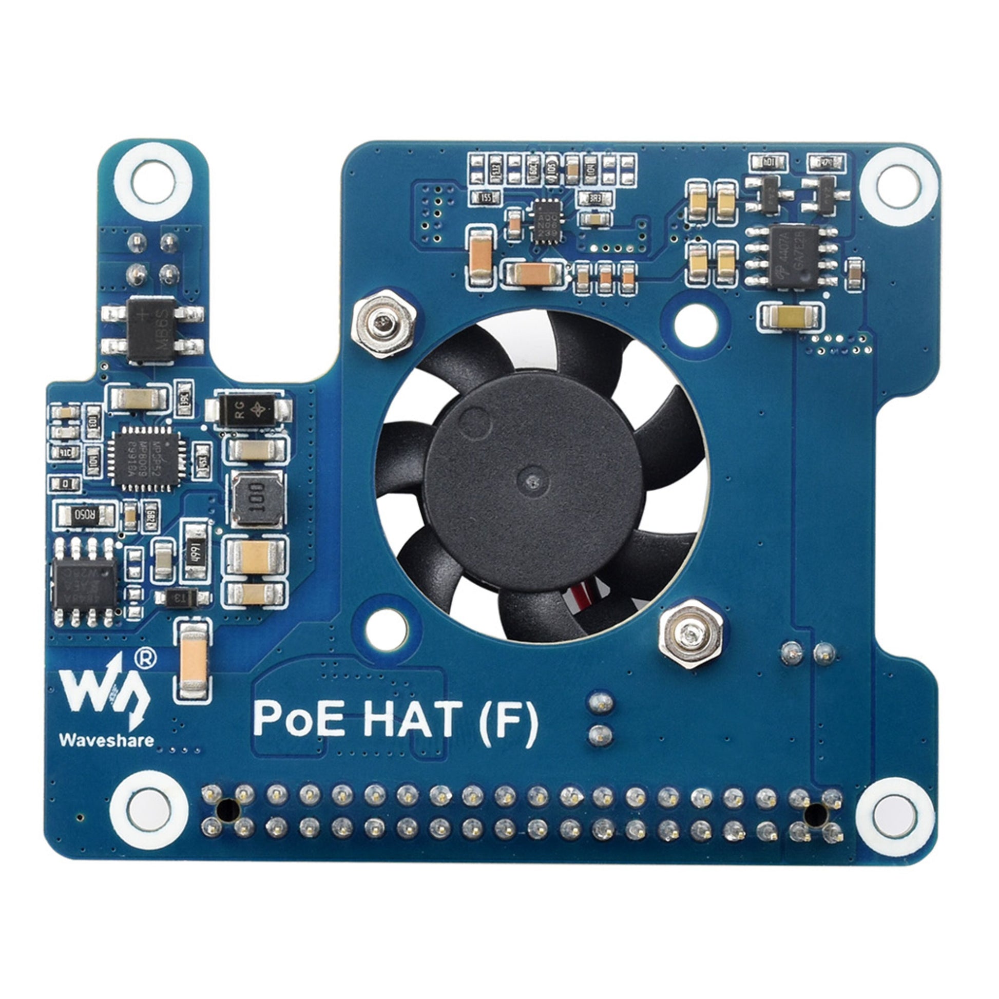 Waveshare PoE+ Hat til Raspberry Pi 5, blå printplade med PoE-understøttelse, køleblæser og pin-stik.