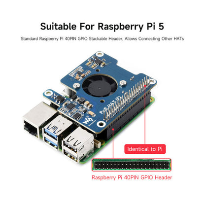 Waveshare PoE+ Hat til Raspberry Pi 5 blå, monteret på Pi 5 med synlig 40-pin GPIO-header og PoE-support.