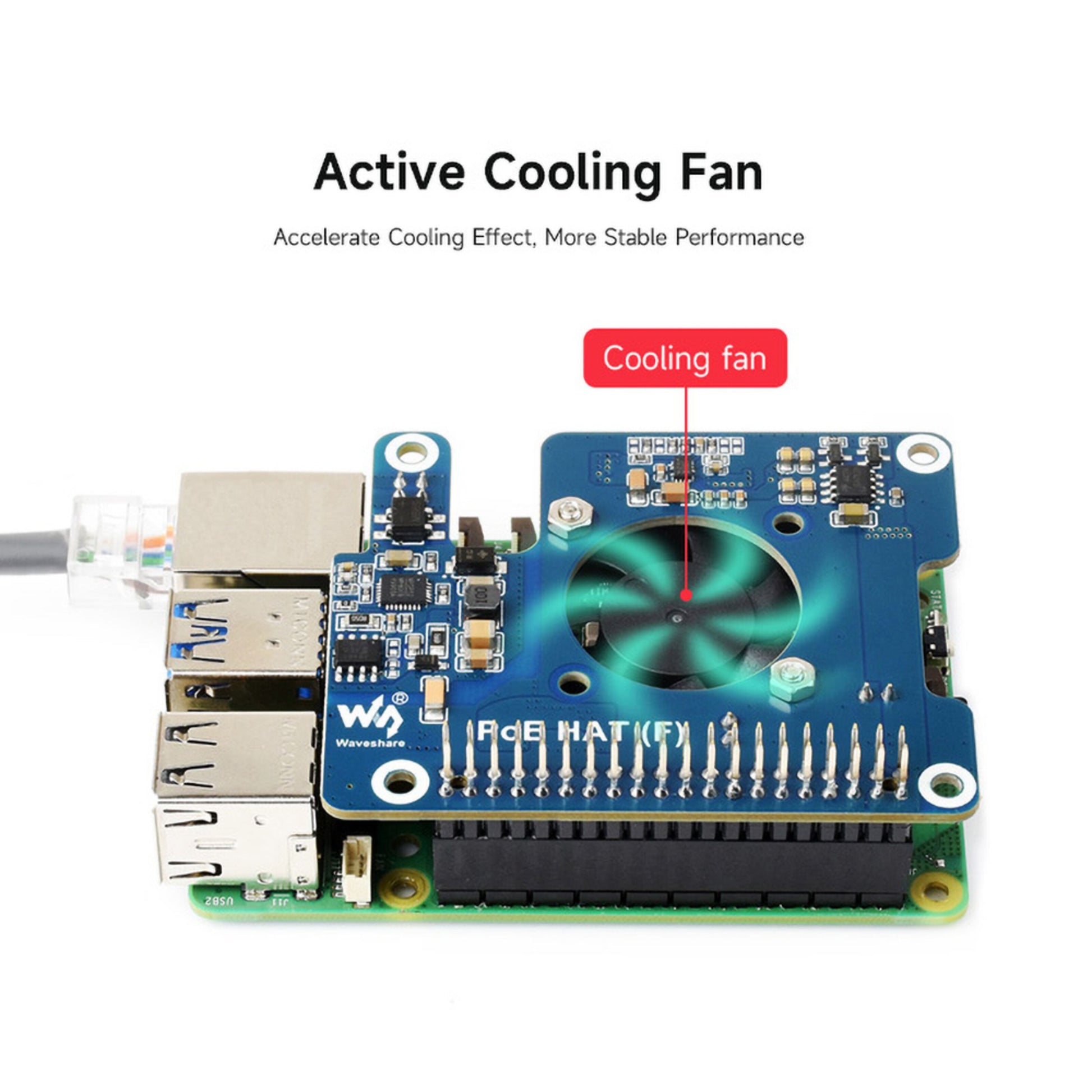 PoE+ Hat til Raspberry Pi 5 med Power over Ethernet og aktiv blæserkøling.