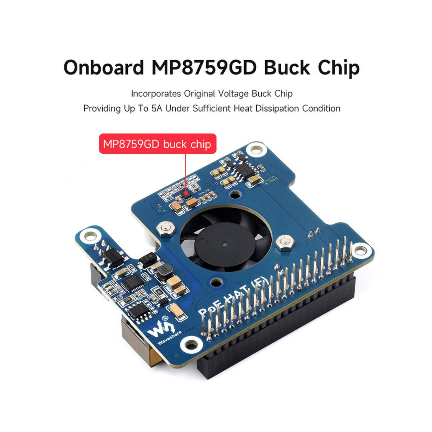 PoE+ Hat til Raspberry Pi 5, blå printplade med køleventilator, markerede pins og rød MP8759GD-chip til spændingsregulering.