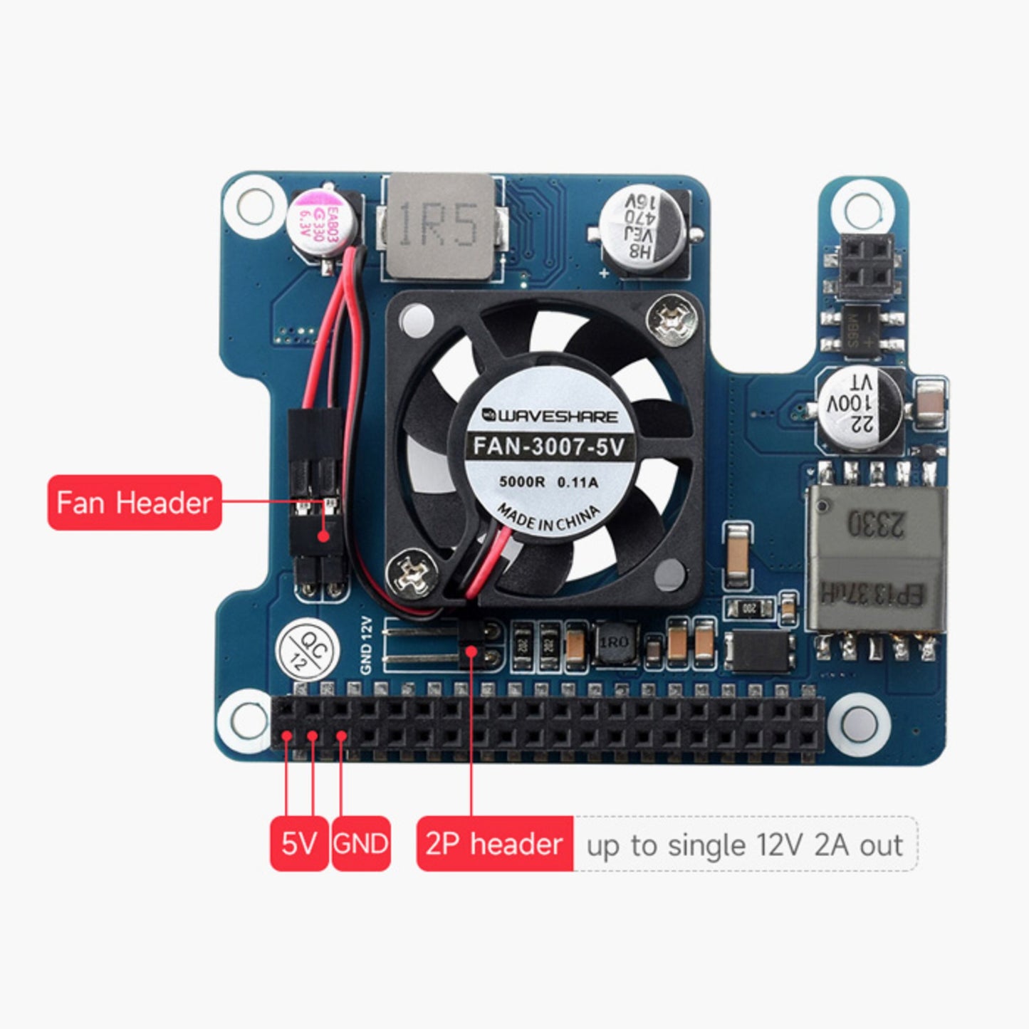 PoE+ Hat til Raspberry Pi 5 med FAN-3007-5V køleblæser, mærkede Fan Header, 5V, GND og 2P stik, op til 12V 2A output.