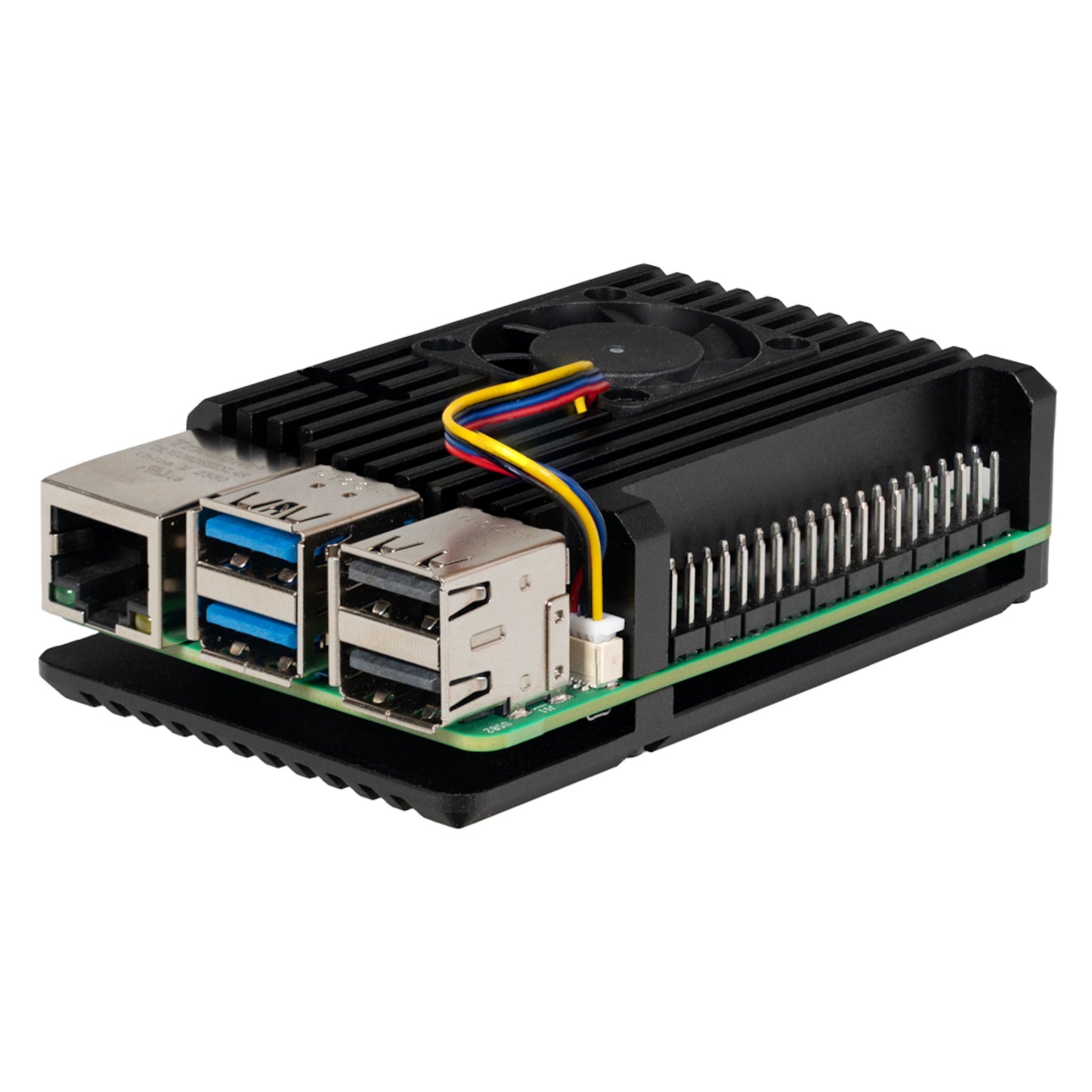 Holdbart aluminiumskabinet til Raspberry Pi 5 med køleventilator, synlige USB-, Ethernet- og GPIO-porte, set fra en vinkel.