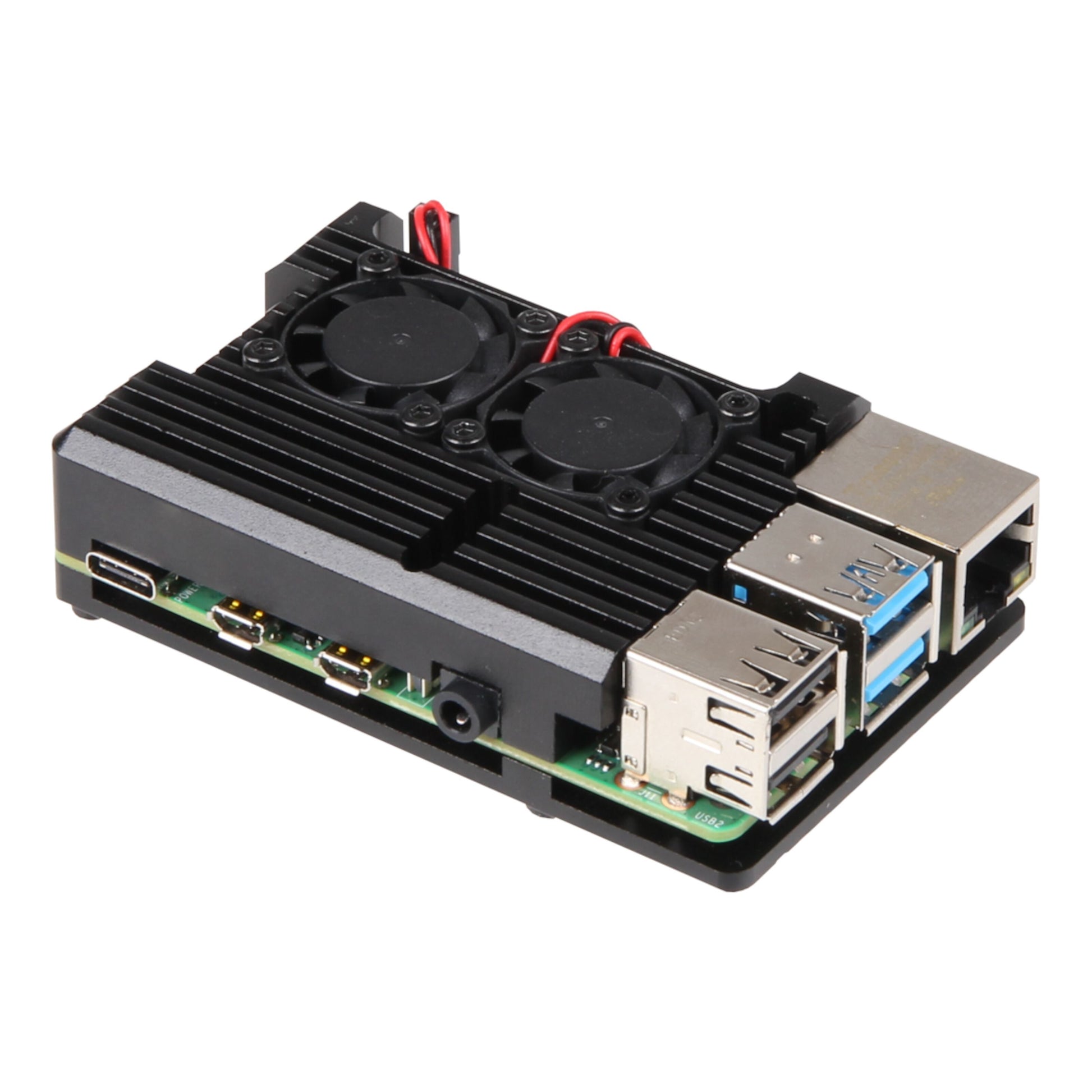 Robust aluminiumskabinet til Raspberry Pi 4 B, CNC-fræset med aktiv køling, to topmonterede blæsere og åbne USB, HDMI, Ethernet og audio-porte.
