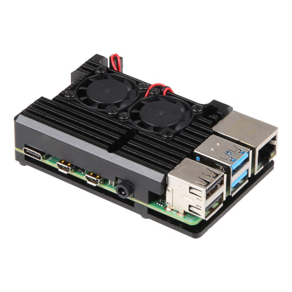Robust aluminiumskabinet til Raspberry Pi 4 B, CNC-fræset med aktiv køling, to topmonterede blæsere og åbne USB, HDMI, Ethernet og audio-porte.