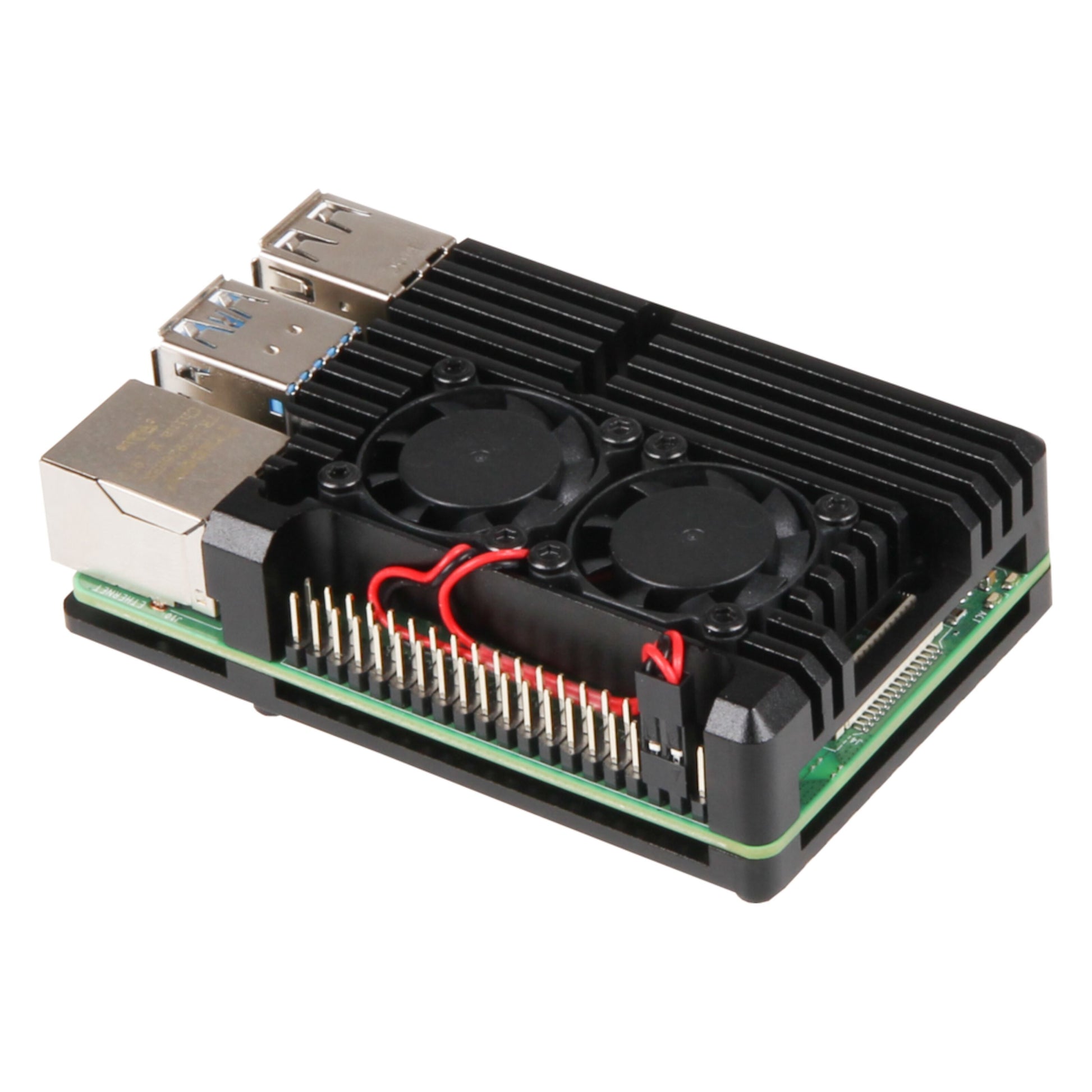 CNC-fræset aluminiumskabinet til Raspberry Pi 4 B med to blæsere på toppen og åbne GPIO-pins langs siden.