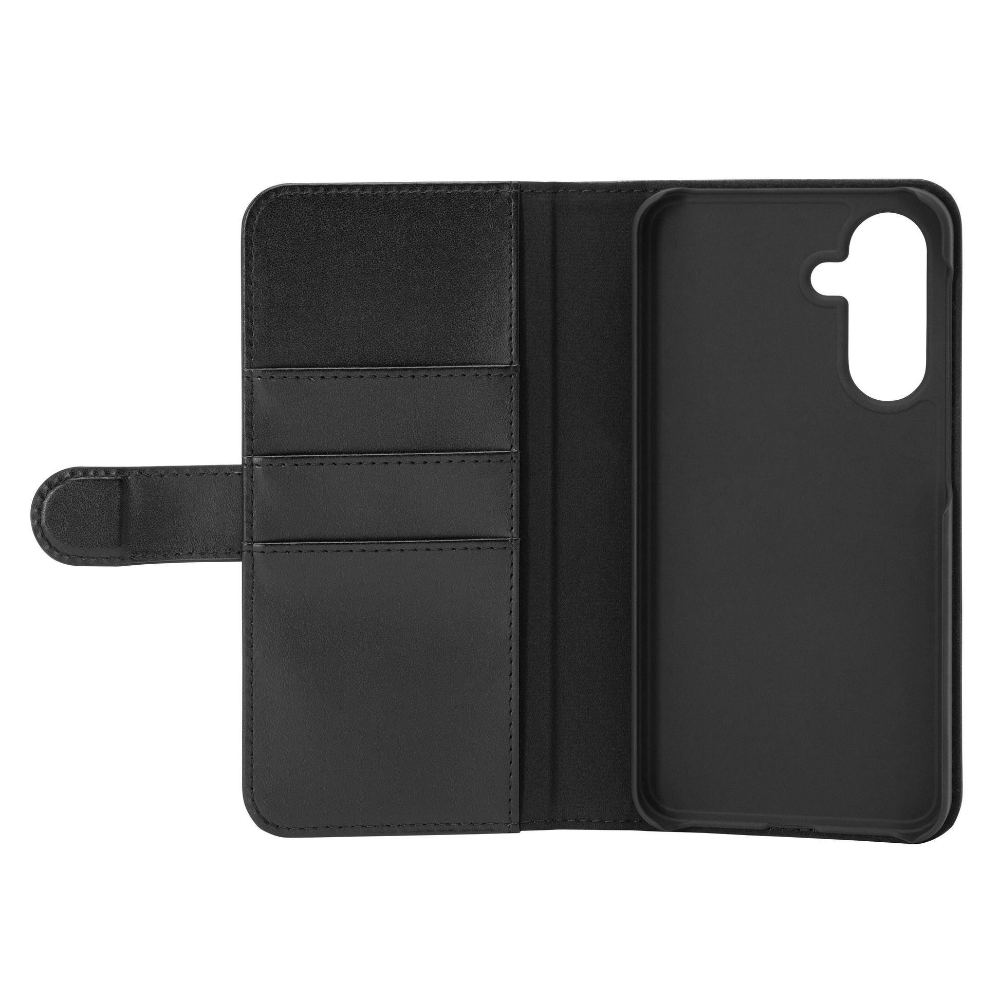 Sort læder folio mobilpung til Galaxy A36 med tre kortlommer og telefonholder med åbning til kamera.