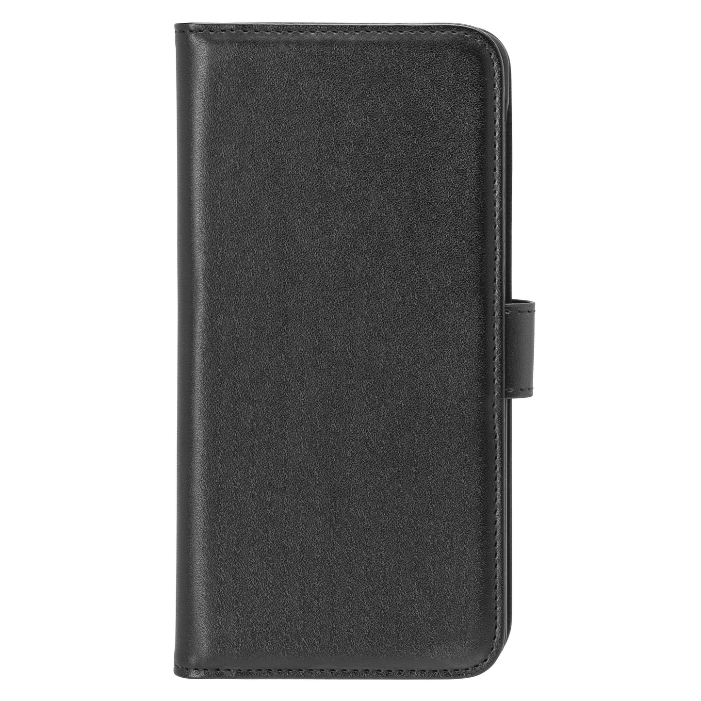 Mobilpung til Galaxy A06, sort kunstlæder, magnetisk rem højre side, lukket design.