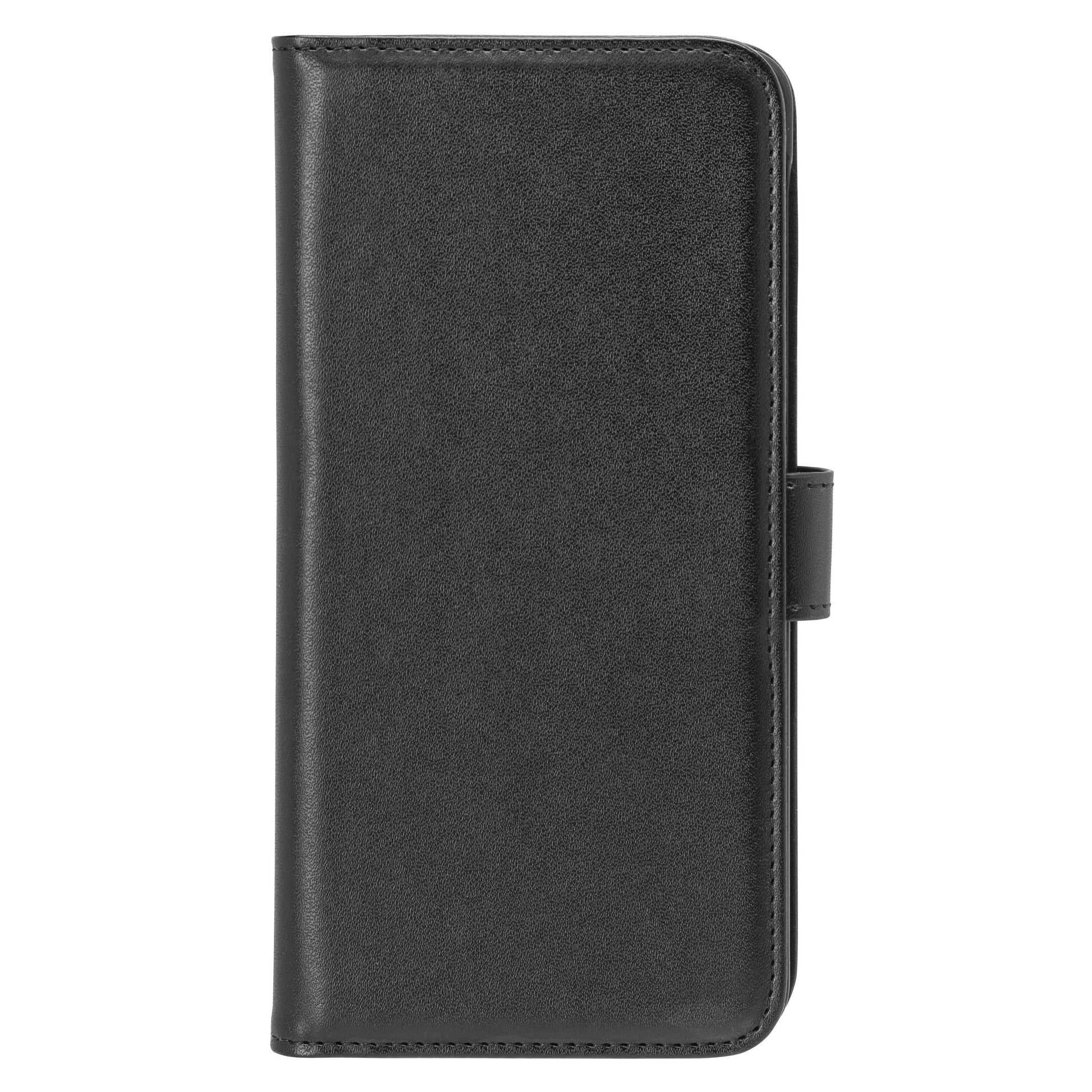 Mobilpung til Galaxy A06, sort kunstlæder, magnetisk rem højre side, lukket design.