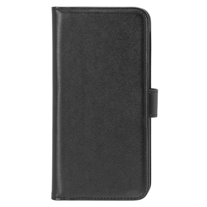 Mobilpung til Galaxy A06, sort kunstlæder, magnetisk rem højre side, lukket design.