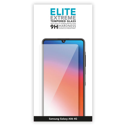 Linocell Elite Extreme skærmbeskyttelse Samsung A06 4G 9H hærdet glas æske med telefonillustration og klar beskytter.