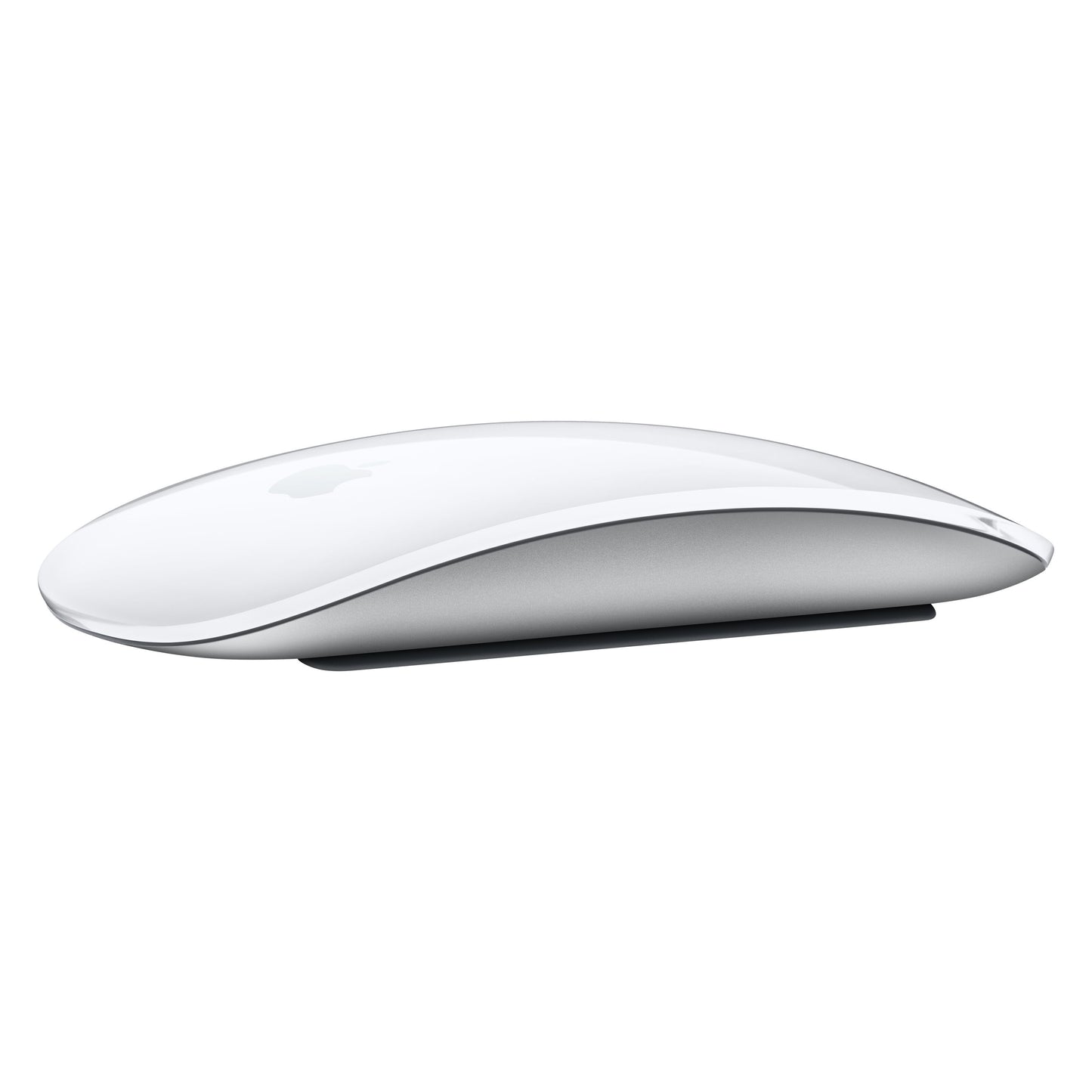 Apple Magic Mouse trådløs mus hvid, buet design, glat overflade med Multi-Touch set fra siden.