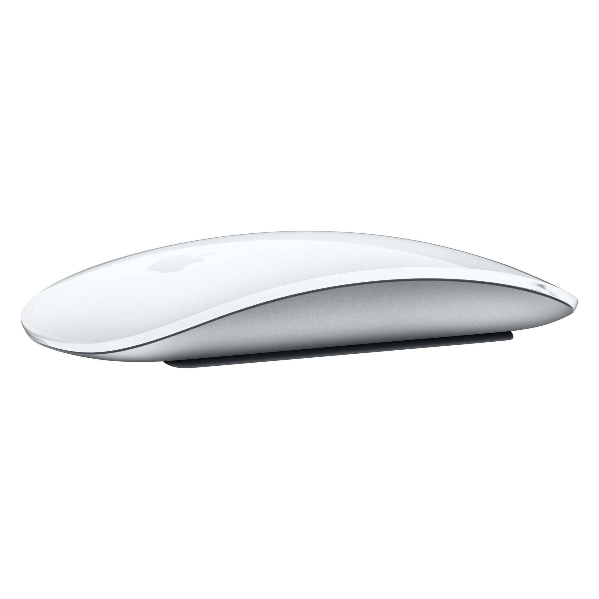 Apple Magic Mouse trådløs mus hvid, buet design, glat overflade med Multi-Touch set fra siden.