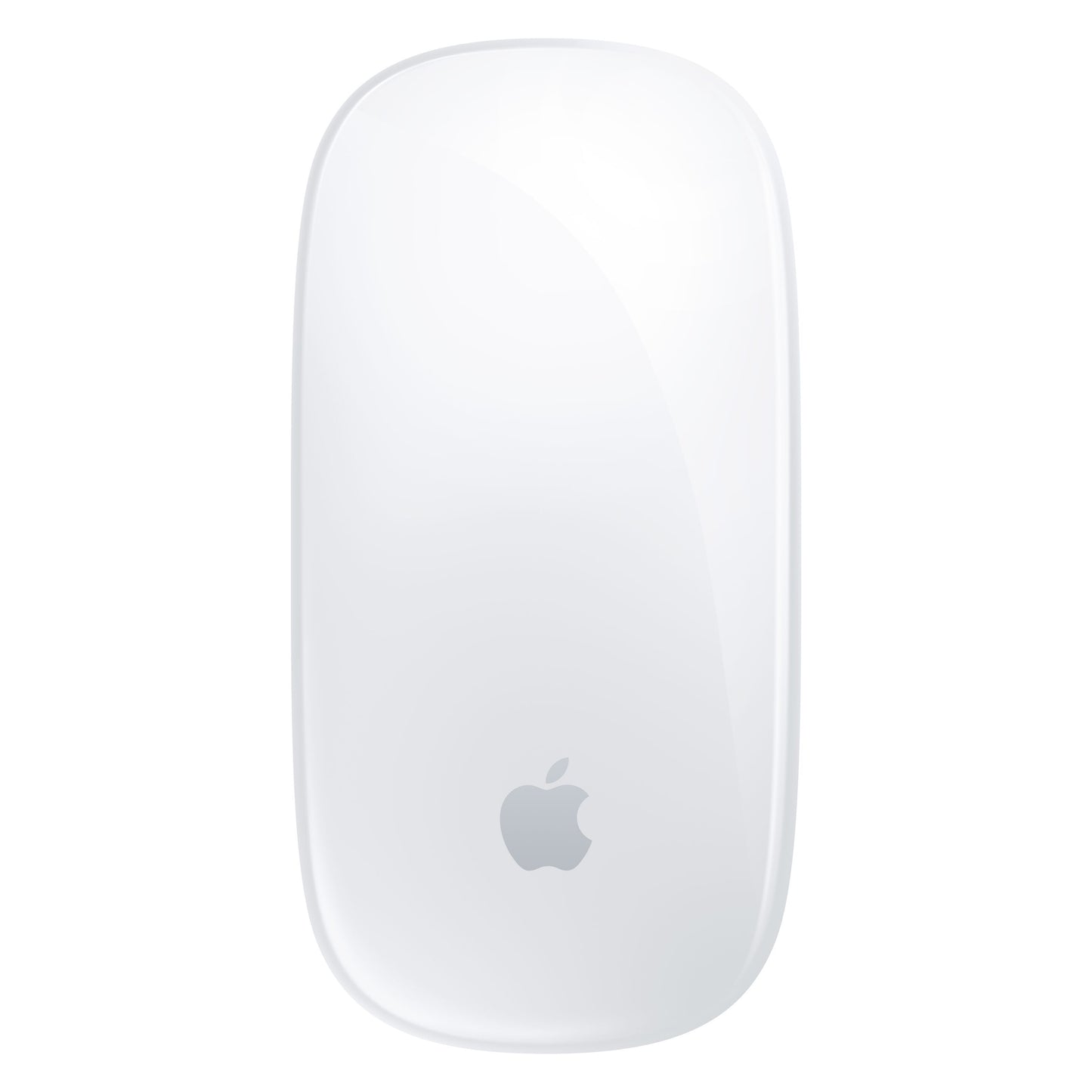 Apple Magic Mouse hvid, set oppefra, trådløs mus med Multi-Touch overflade og Apple-logo nederst, afrundede kanter.
