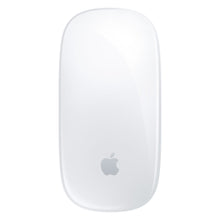 Apple Magic Mouse hvid, set oppefra, trådløs mus med Multi-Touch overflade og Apple-logo nederst, afrundede kanter.