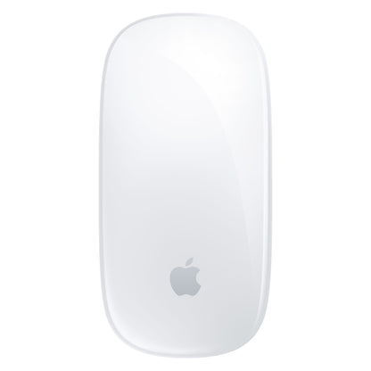 Apple Magic Mouse hvid, set oppefra, trådløs mus med Multi-Touch overflade og Apple-logo nederst, afrundede kanter.