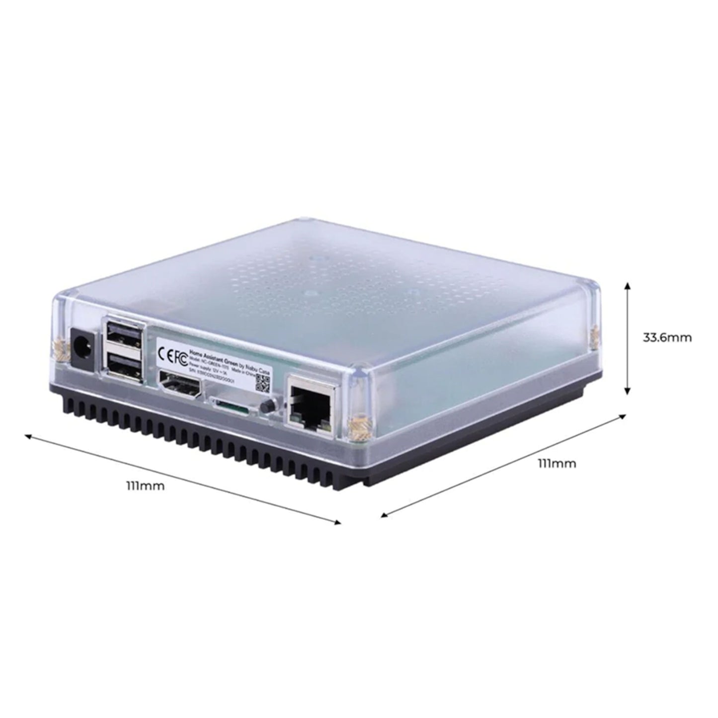 Nabu Casa Hjemmeassistent Grøn, kompakt enhed 111x111x33,6 mm, transparent plast, USB-, HDMI-, Ethernet- og strømporte.