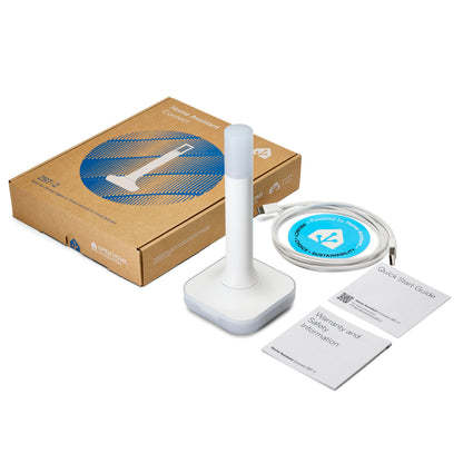 Home Assistant Connect ZBT-2 hub, hvid, med Zigbee 3.0, inkl. spiralkabel, brugervejledning og brun æske.