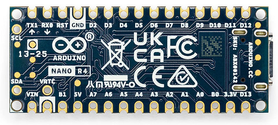 Arduino Nano R4 udviklingskort uden stiftliste, blå printplade, guldfarvede pins, hvide labels, komponenter, certifikationslogo.