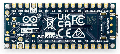 Arduino Nano R4 udviklingskort uden stiftliste, blå printplade, guldfarvede pins, hvide labels, komponenter, certifikationslogo.