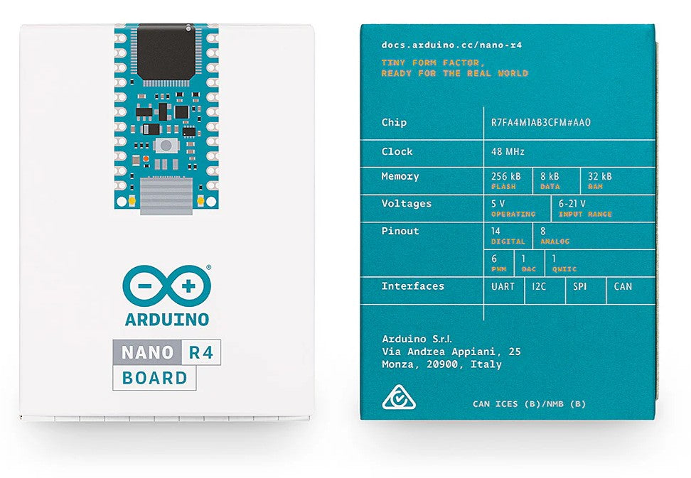 Arduino Nano R4 udviklingskort uden stiftliste, front med Arduino-logo, Nano R4 grafik og specifikationer printet.